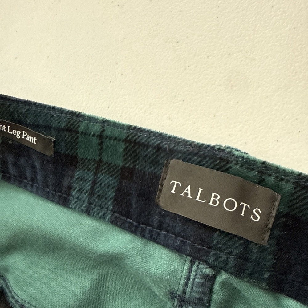 Talbots Sz 12 | Velveteen Straight Leg Tartan Plaid Ankle Pants Black Green - Picture 7 of 16